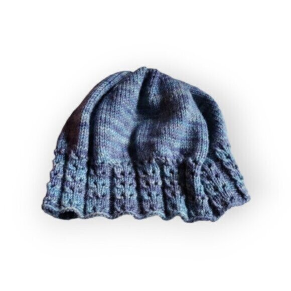 Handknit Twisted Brim Slouchy Hat  Blue Ombre Cotton - Picture 5 of 8